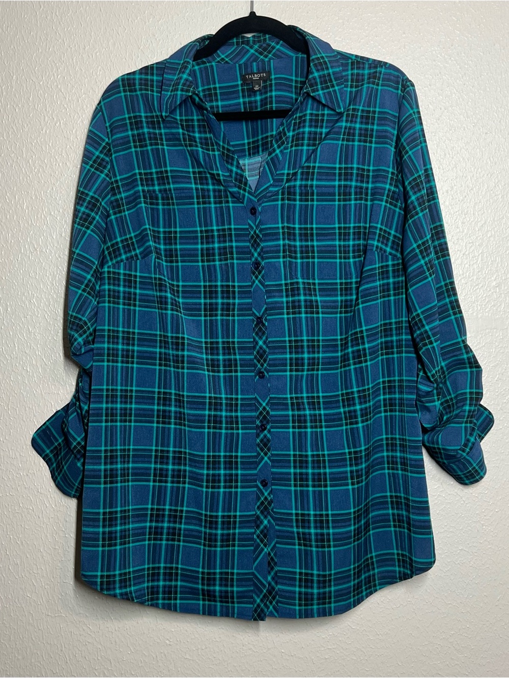 Talbots Woman Blouse Button Down Up Green Blue Plaid Top Shirt Size 1X Holiday